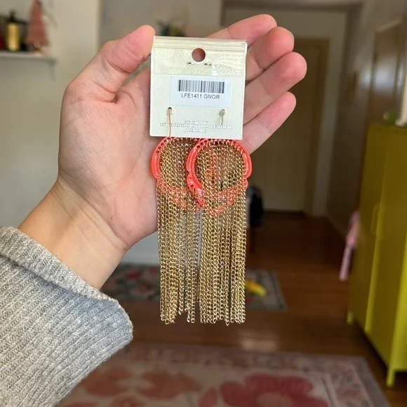 Mia Collection Neon Orange Gold Chain Tassel Dangle Costume Earrings - Picture 4 of 4